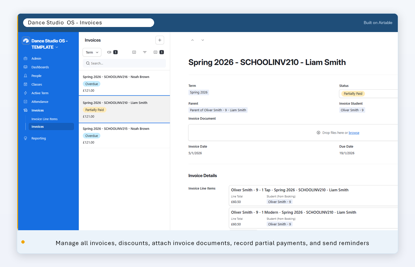 Invoice record for an individual student
