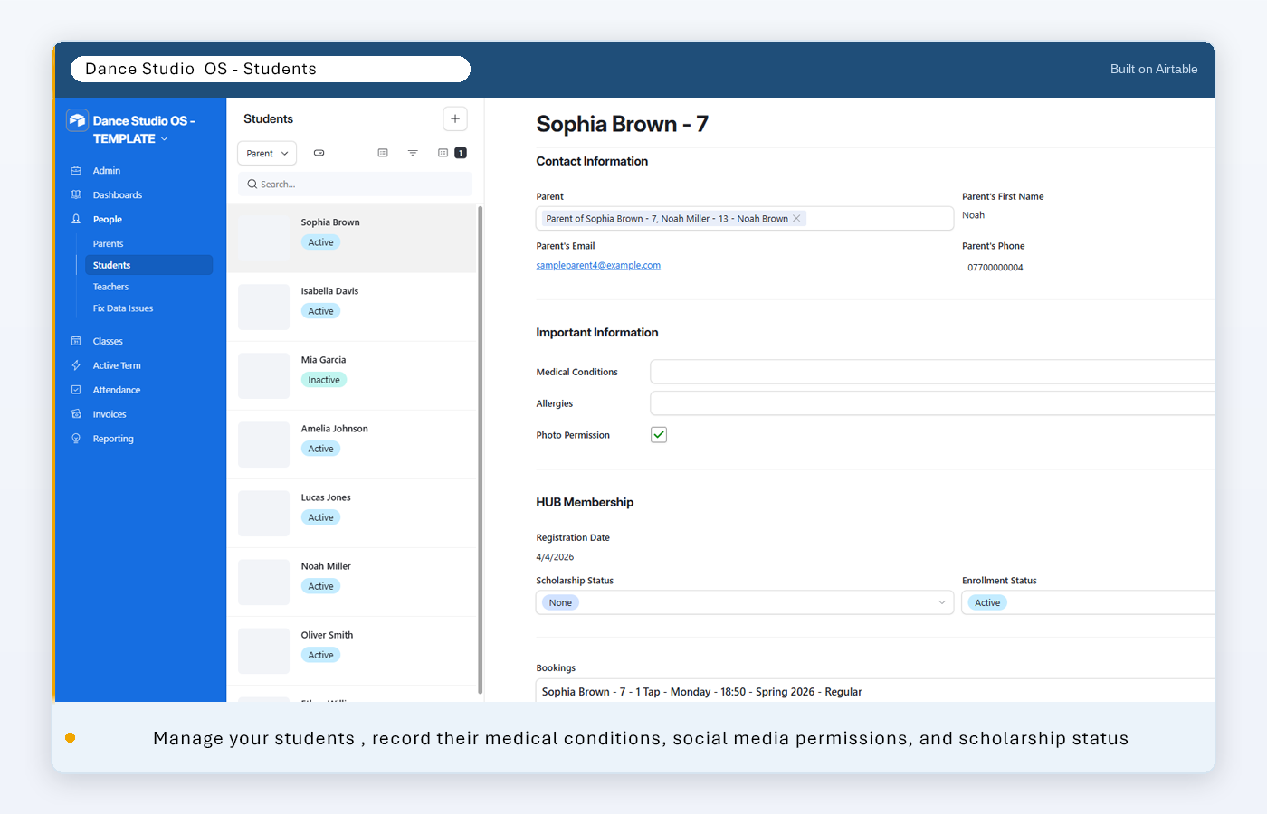 Student record with full profile details